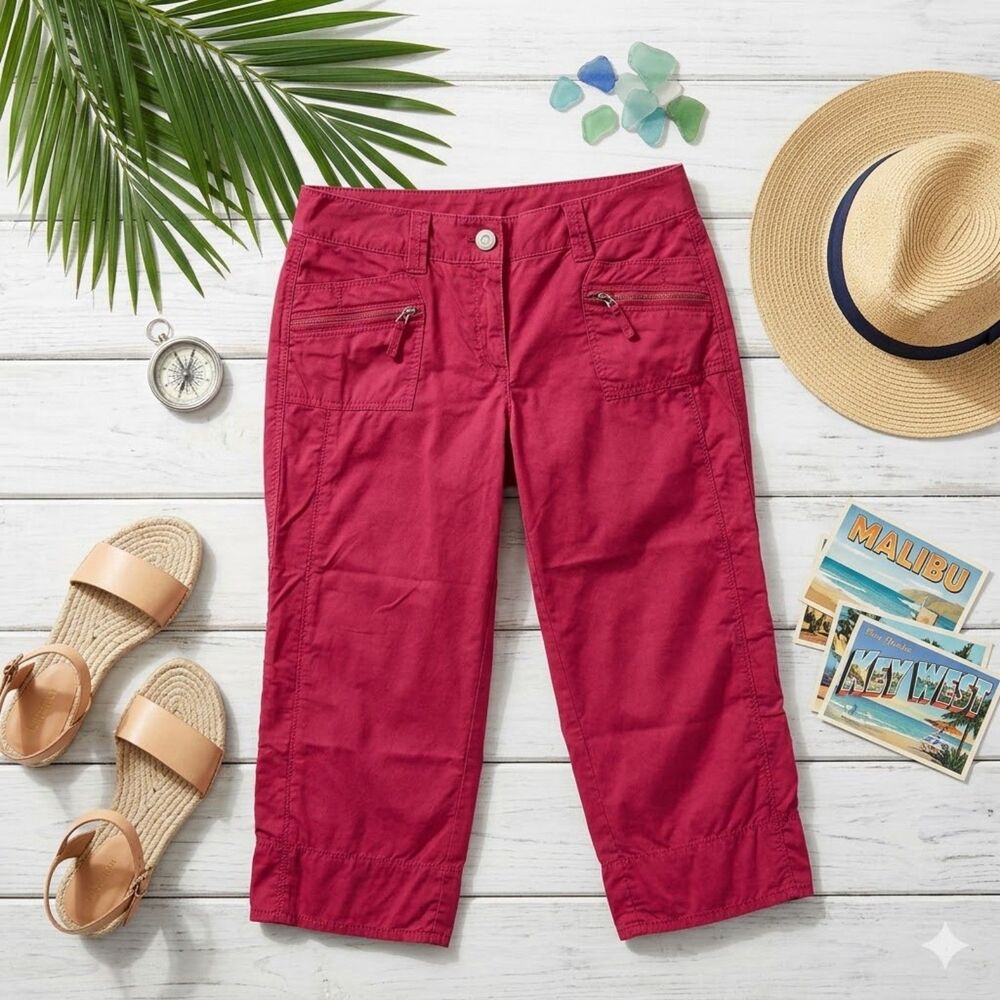 Ann Taylor Size 6 Red Vintage Wash Khaki Capris • Utility Zip Pocket Pants
